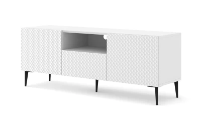 Szafka RTV Ravenna PC Diament 2D1S 150cm, biały mat / biały połysk - nogi metalowe czarne szpilka