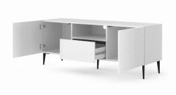 Szafka RTV Ravenna PC Diament 2D1S 150cm, biały mat / biały połysk - nogi metalowe czarne szpilka - otwarta