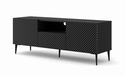 Szafka RTV Ravenna PC Diament 2D1S 150cm, czarny mat / czarny połysk - nogi metalowe czarne szpilka