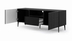 Szafka RTV Ravenna PC Diament 2D1S 150cm, czarny mat / czarny połysk - nogi metalowe czarne szpilka - otwarta