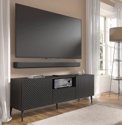 Szafka RTV Ravenna PC Diament 2D1S 150cm, czarny mat / czarny połysk - nogi metalowe czarne szpilka - w aranżacji