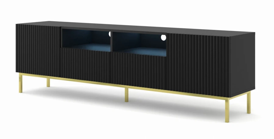 Szafka RTV Ravenna BCK 2D2S 200cm, czarny mat - nogi metalowe złote