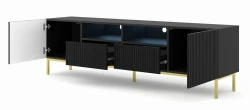Szafka RTV Ravenna BCK 2D2S 200cm, czarny mat - nogi metalowe złote - otwarta