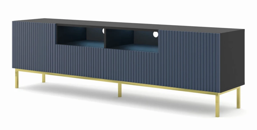 Szafka RTV Ravenna BCK 2D2S 200cm, czarny mat / granat - nogi metalowe złote