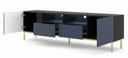 Szafka RTV Ravenna BCK 2D2S 200cm, czarny mat / granat - nogi metalowe złote - otwarta