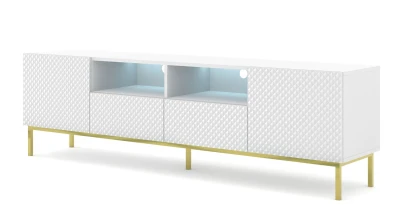 Szafka RTV Ravenna CCK Diament 2D2S 200cm, biały mat / biały połysk - nogi metalowe złote