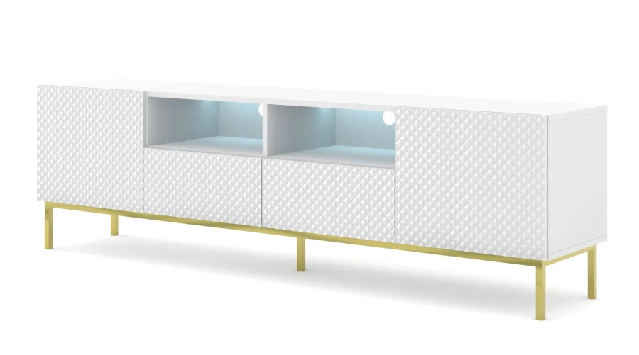 Szafka RTV Ravenna CCK Diament 2D2S 200cm, biały mat / biały połysk - nogi metalowe złote