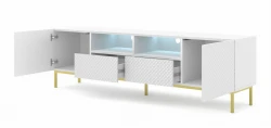 Szafka RTV Ravenna CCK Diament 2D2S 200cm, biały mat / biały połysk - nogi metalowe złote - otwarta