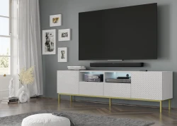 Szafka RTV Ravenna CCK Diament 2D2S 200cm, biały mat / biały połysk - nogi metalowe złote - w aranżacji