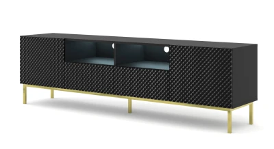 Szafka RTV Ravenna CCK Diament 2D2S 200cm, czarny mat / czarny połysk - nogi metalowe złote