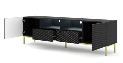 Szafka RTV Ravenna CCK Diament 2D2S 200cm, czarny mat / czarny połysk - nogi metalowe złote - otwarta