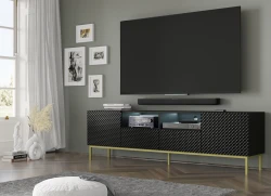 Szafka RTV Ravenna CCK Diament 2D2S 200cm, czarny mat / czarny połysk - nogi metalowe złote - w aranżacji