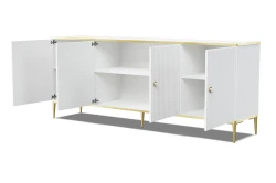 Komoda Petra 4D 182cm, biały mat - złote nóżki i uchwyty - otwarta