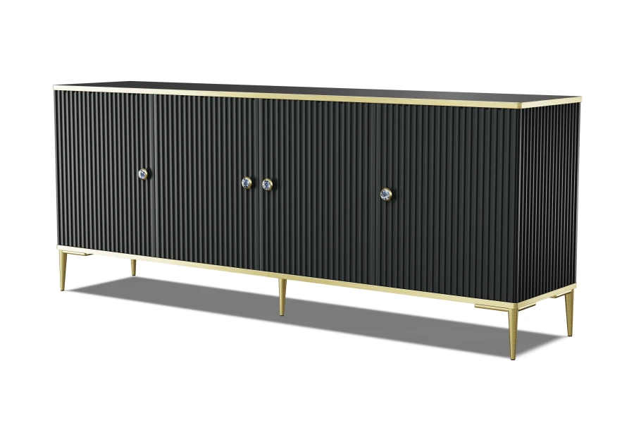 Komoda Petra 4D 182cm, czarny mat - złote nóżki i uchwyty