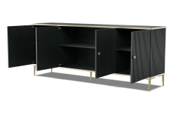 Komoda Petra 4D 182cm, czarny mat - złote nóżki i uchwyty - otwarta