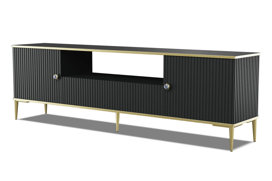 Szafka RTV Petra 2D1S 180cm, czarny mat - nóżki i uchwyty złote