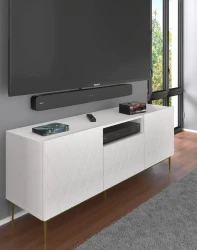 Szafka RTV Diuna 2D1K 145cm, biały mat - nogi metalowe złote - w aranżacji