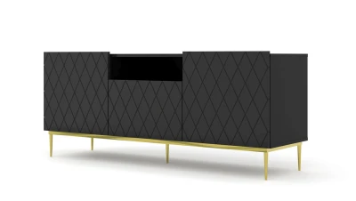 Szafka RTV Diuna 2D1K 145cm, czarny mat - nogi metalowe złote