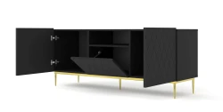 Szafka RTV Diuna 2D1K 145cm, czarny mat - nogi metalowe złote - otwarta