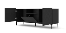 Szafka RTV Diuna 2D1K 145cm, czarny mat - nogi metalowe czarne - otwarta