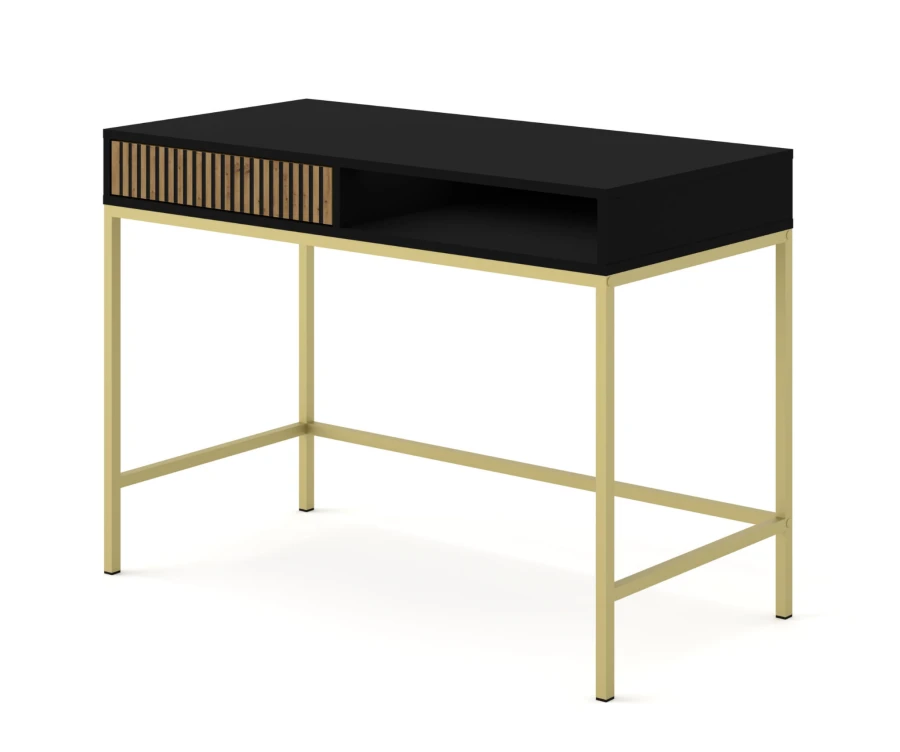 Toaletka Ravenna F 1S, frez MDF, czarny mat / dąb artisan - nogi metalowe złote