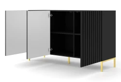 Komoda Wave 150cm 3D, czarny mat - nogi metalowe złote - otwarta
