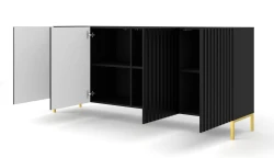Komoda Wave 200cm 4D, czarny mat - nogi metalowe złote - otwarta