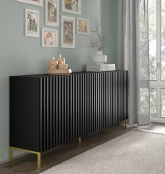 Komoda Wave 200cm 4D, czarny mat - nogi metalowe złote - w aranżacji