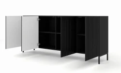 Komoda Wave 200cm 4D, czarny mat - nogi metalowe czarne - otwarta