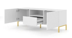 Szafka RTV Surf 150cm 2D1S, biały mat - nogi metalowe złote - otwarta