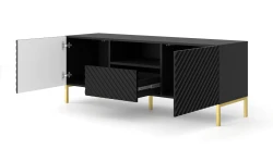 Szafka RTV Surf 150cm 2D1S, czarny mat - nogi metalowe złote - otwarta