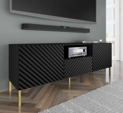 Szafka RTV Surf 150cm 2D1S, czarny mat - nogi metalowe złote - w aranżacji