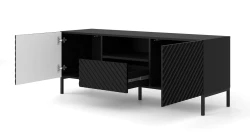 Szafka RTV Surf 150cm 2D1S, czarny mat - nogi metalowe czarne - otwarta