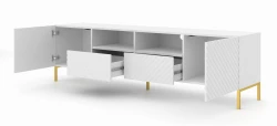 Szafka RTV Surf 200cm 2D2S, biały mat - nogi metalowe złote - otwarta