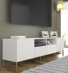 Szafka RTV Surf 200cm 2D2S, biały mat - nogi metalowe złote - w aranżacji