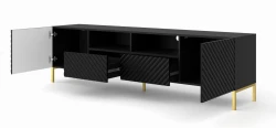 Szafka RTV Surf 200cm 2D2S, czarny mat - nogi metalowe złote - otwarta