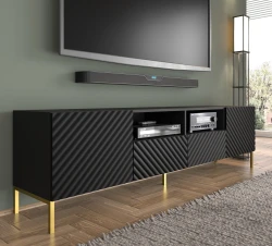 Szafka RTV Surf 200cm 2D2S, czarny mat - nogi metalowe złote - w aranżacji