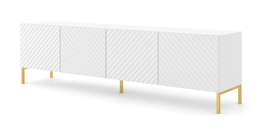 Szafka RTV Surf 200cm 4D, biały mat - nogi metalowe złote