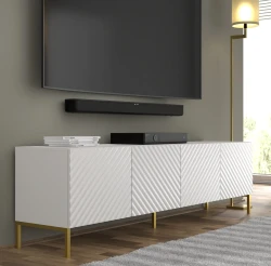 Szafka RTV Surf 200cm 4D, biały mat - nogi metalowe złote - w aranżacji