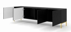 Szafka RTV Surf 200cm 4D, czarny mat - nogi metalowe złote - otwarta