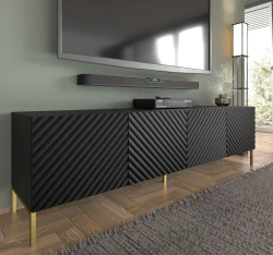 Szafka RTV Surf 200cm 4D, czarny mat - nogi metalowe złote - w aranżacji