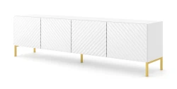 Szafka RTV Surf 200cm 4D, biały mat / biały połysk - nogi metalowe złote
