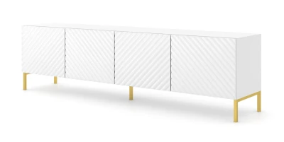 Szafka RTV Surf 200cm 4D, biały mat / biały połysk - nogi metalowe złote