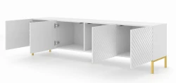 Szafka RTV Surf 200cm 4D, biały mat / biały połysk - nogi metalowe złote - otwarta