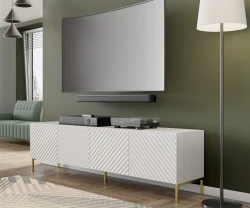 Szafka RTV Surf 200cm 4D, biały mat / biały połysk - nogi metalowe złote - w aranżacji