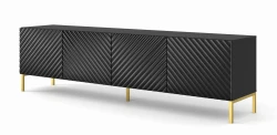 Szafka RTV Surf 200cm 4D, czarny mat / czarny połysk - nogi metalowe złote