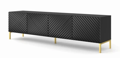 Szafka RTV Surf 200cm 4D, czarny mat / czarny połysk - nogi metalowe złote