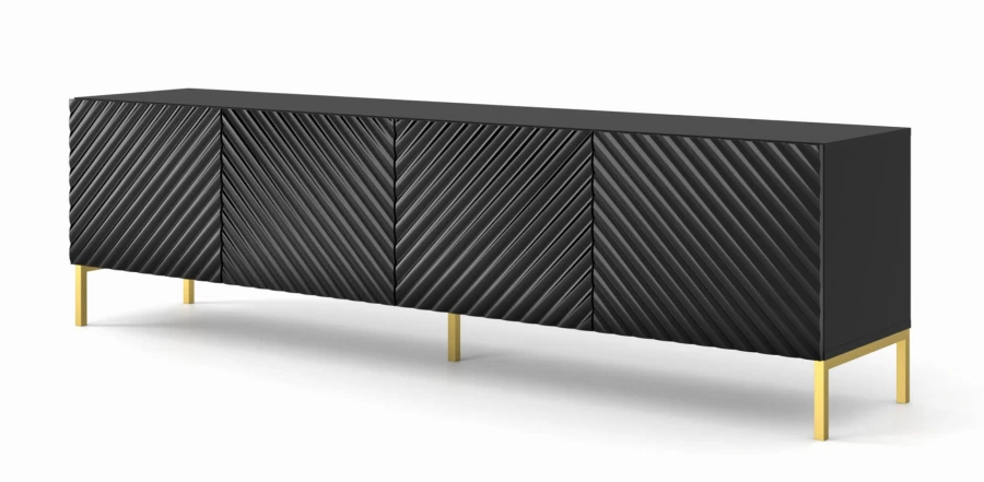 Szafka RTV Surf 200cm 4D, czarny mat / czarny połysk - nogi metalowe złote