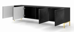 Szafka RTV Surf 200cm 4D, czarny mat / czarny połysk - nogi metalowe złote - otwarta
