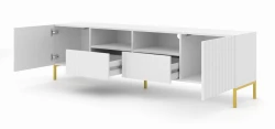 Szafka RTV Wave 200cm 2D2S, biały mat - nogi metalowe złote - otwarta